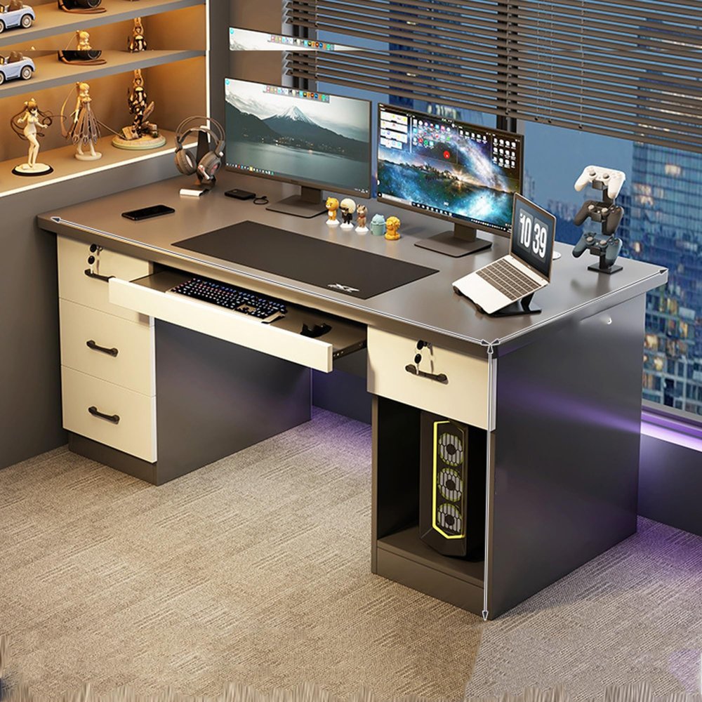 FUKEFUZ Home Office Desk with Drawers and Chair Set, Large L-Shaped Wooden Computer Desk, 47.2 x 23.6 x 29.5 in (A)