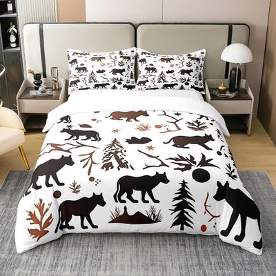 Black Wolf 100% Cotton Duvet Cover Set, Pine Branch Design, 200 x 200 cm