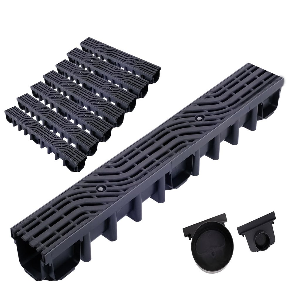 Durabern Drainage Channel with Cast-Iron Grate, 12.5-ton Load Capacity | 98 mm Channel Set, Drive-Over, for Garden, Yard & Patio, incl. 2 Drain Outlets (7 m, Wave)