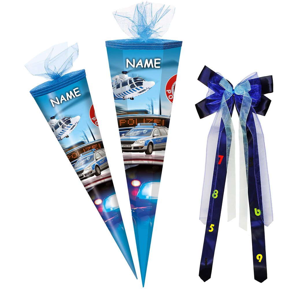 Glitter Police Car & Helicopter School Cone with Name and Bow