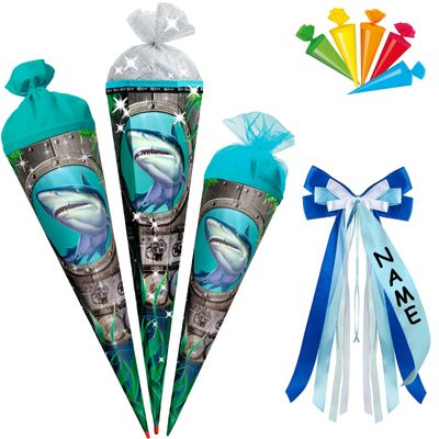 Glitter School Cone – Shark Design, 35–85 cm, Selectable Size, Name + Bow + 5 Mini Cones