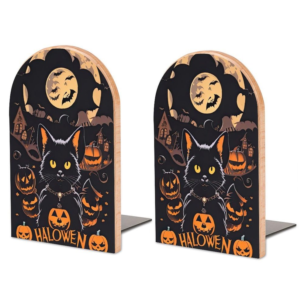Black Cat Spider Pumpkin Print Wooden Bookends, Large, Non-Slip