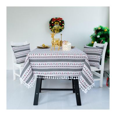 Epinki Gray Linen Tablecloth with Snowflakes, Deer and Tassels, 140 x 200 cm