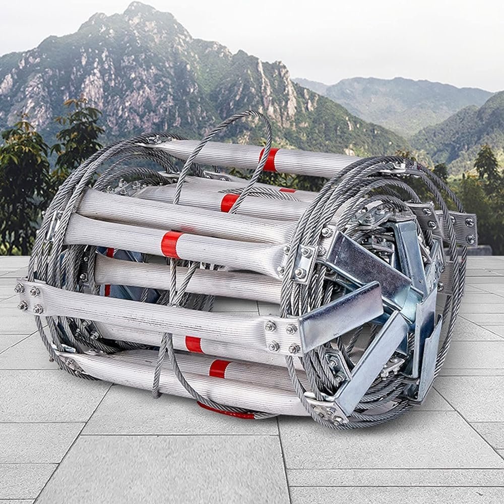 Emergency Fire Escape Rope Ladder for 3–10 Floors, Reusable Flexible Aluminum-Alloy Steel-Wire Ladder with Hooks, 65 ft/20 m