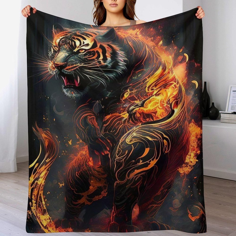 PAZZK Tiger Plush Fleece Throw Blanket, 100 x 130 cm