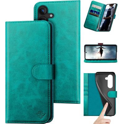 DuckSky Genuine Leather Folio Case for Samsung Galaxy S24 FE, RFID Blocking, Blue/Green