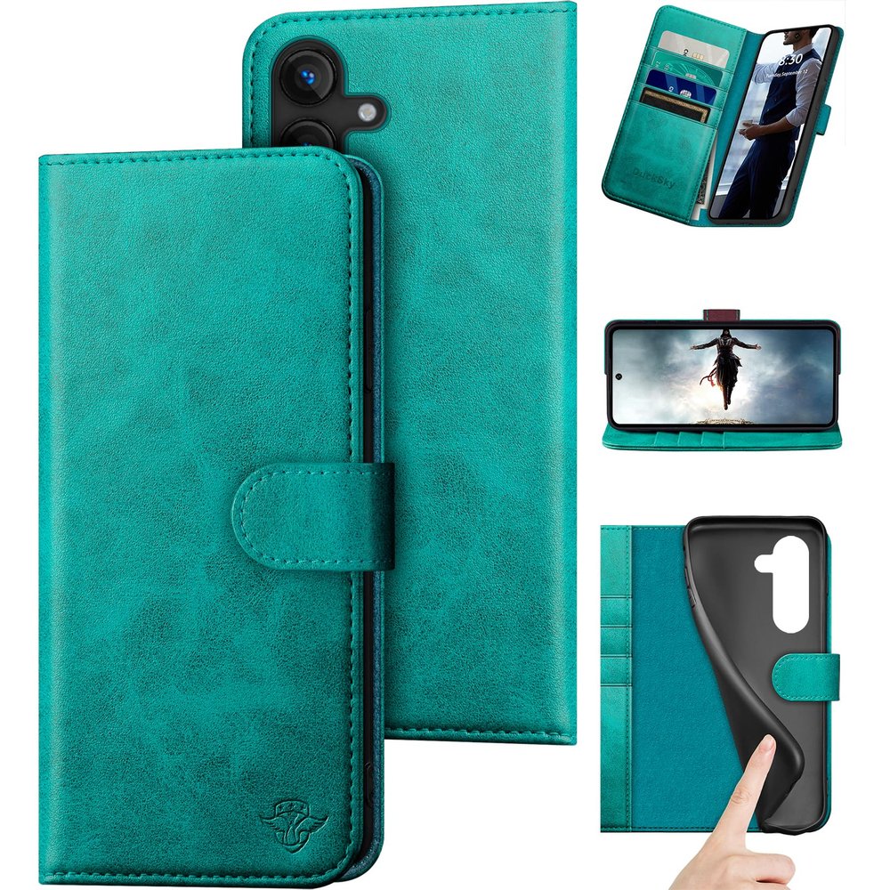 DuckSky Genuine Leather Folio Case for Samsung Galaxy S24 FE, RFID Blocking, Blue/Green