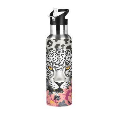 Daisy Leopard-Print Water Bottle with Straw, 18/8 Stainless Steel Vacuum Thermos, BPA-Free, 600 ml/1 L