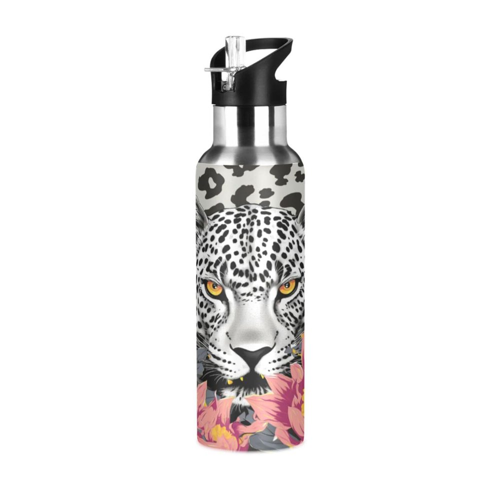 Daisy Leopard-Print Water Bottle with Straw, 18/8 Stainless Steel Vacuum Thermos, BPA-Free, 600 ml/1 L