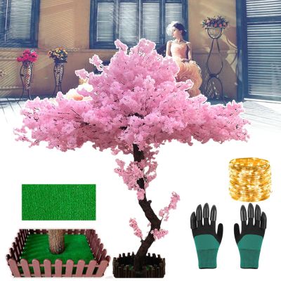 Artificial Cherry Trees with Handmade Silk Flowers, Iron Base, Fences, Lawn, Colored Lights and 2 Pairs of Gardening Gloves