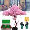 Artificial Cherry Trees with Handmade Silk Flowers, Iron Base, Fences, Lawn, Colored Lights and 2 Pairs of Gardening Gloves view 1