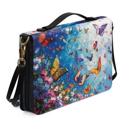 ZIATUBLES XL PU Leather Bible Cover with Shoulder Strap, Retro Flower Butterfly