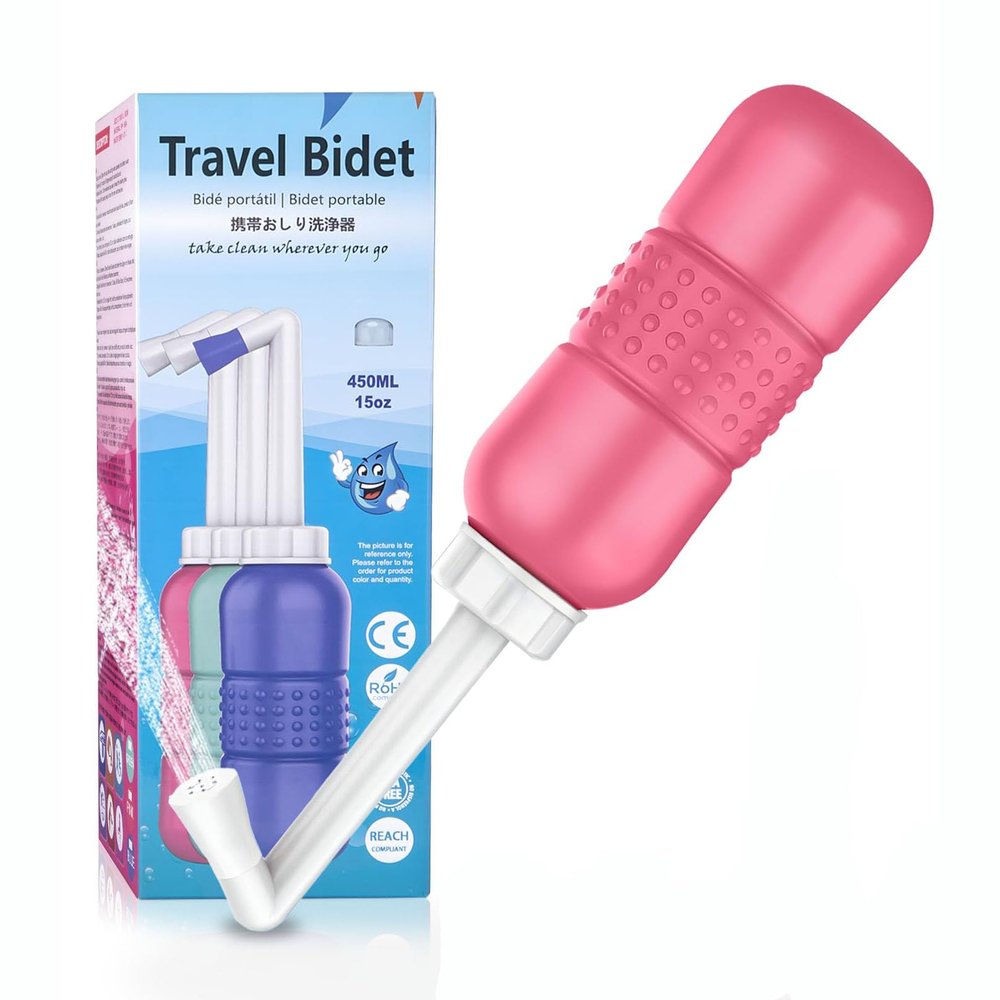 Giural Travel Bidet, Easy-to-Use Portable Bidet for Women with Angled Nozzle Spray, Travel Bag, 450 mL, Pink