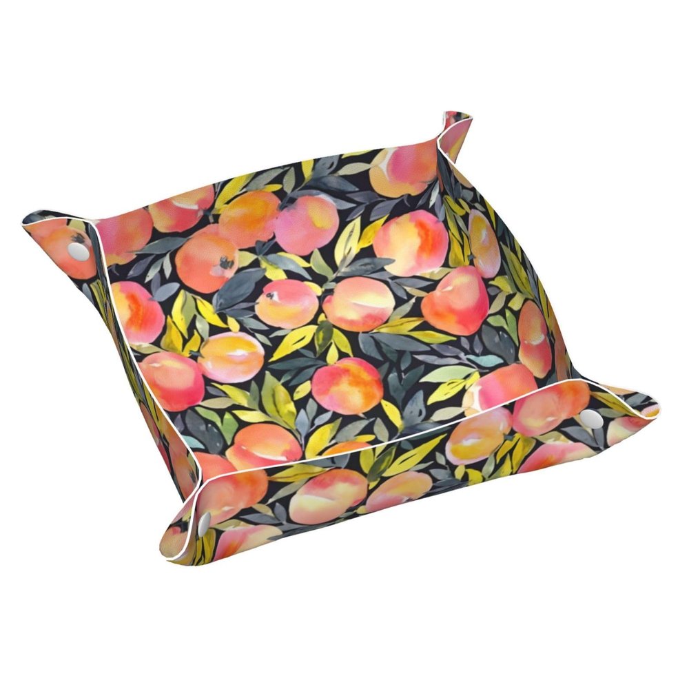 Colorful Peach-Print Leather Storage Tray and Desk Organizer