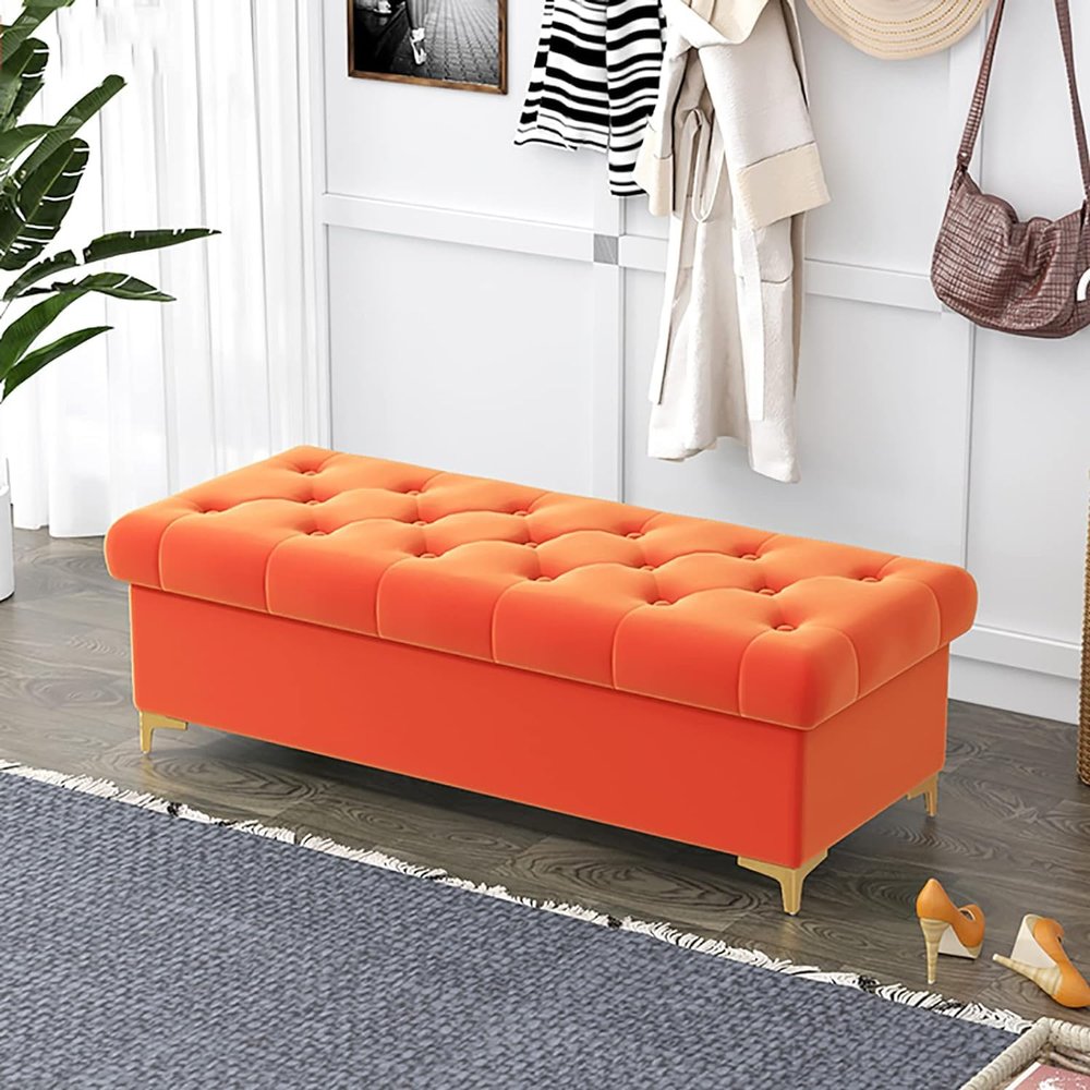 Luxury Velvet Ottoman Bench with Storage for Bedroom and Living Room, Orange, 60 x 40 x 40 cm