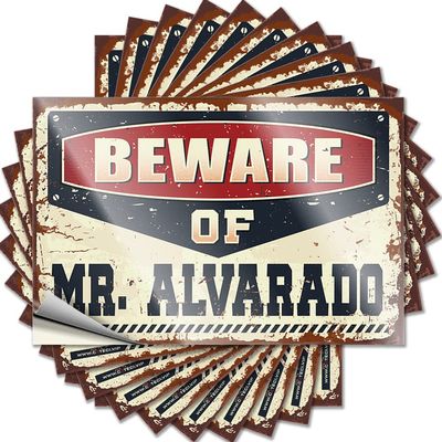 Hard-Hat Sticker “Beware of Mr. Alvarado,” Funny Sticker, 10-Pack, Car Stickers for Men, 6 x 9 cm