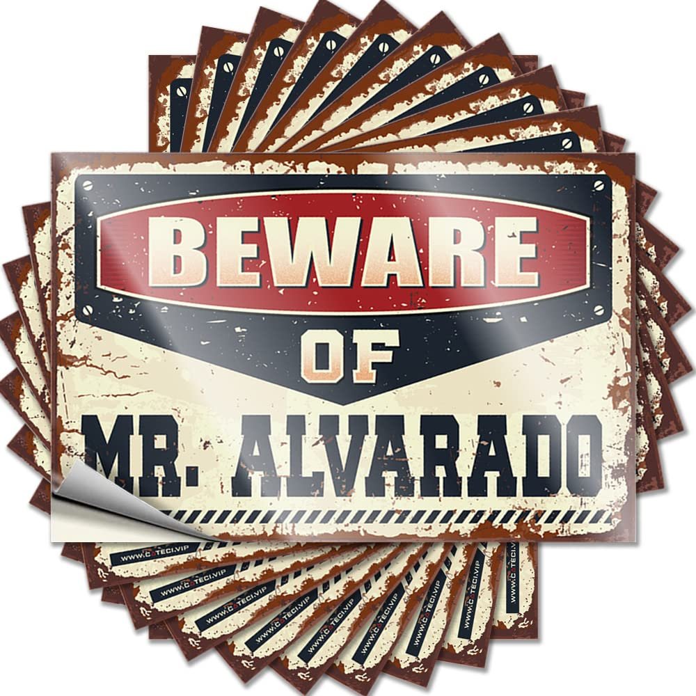 Hard-Hat Sticker “Beware of Mr. Alvarado,” Funny Sticker, 10-Pack, Car Stickers for Men, 6 x 9 cm