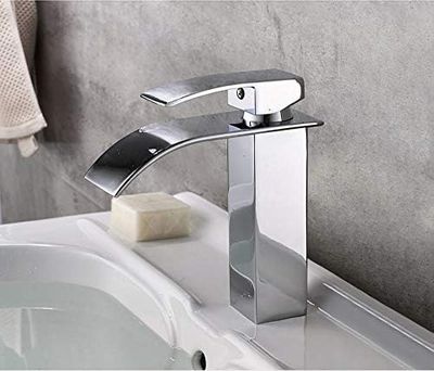 Brass Bathroom Sink Faucet, Flat Waterfall Design, Deck-Mount, Single-Handle