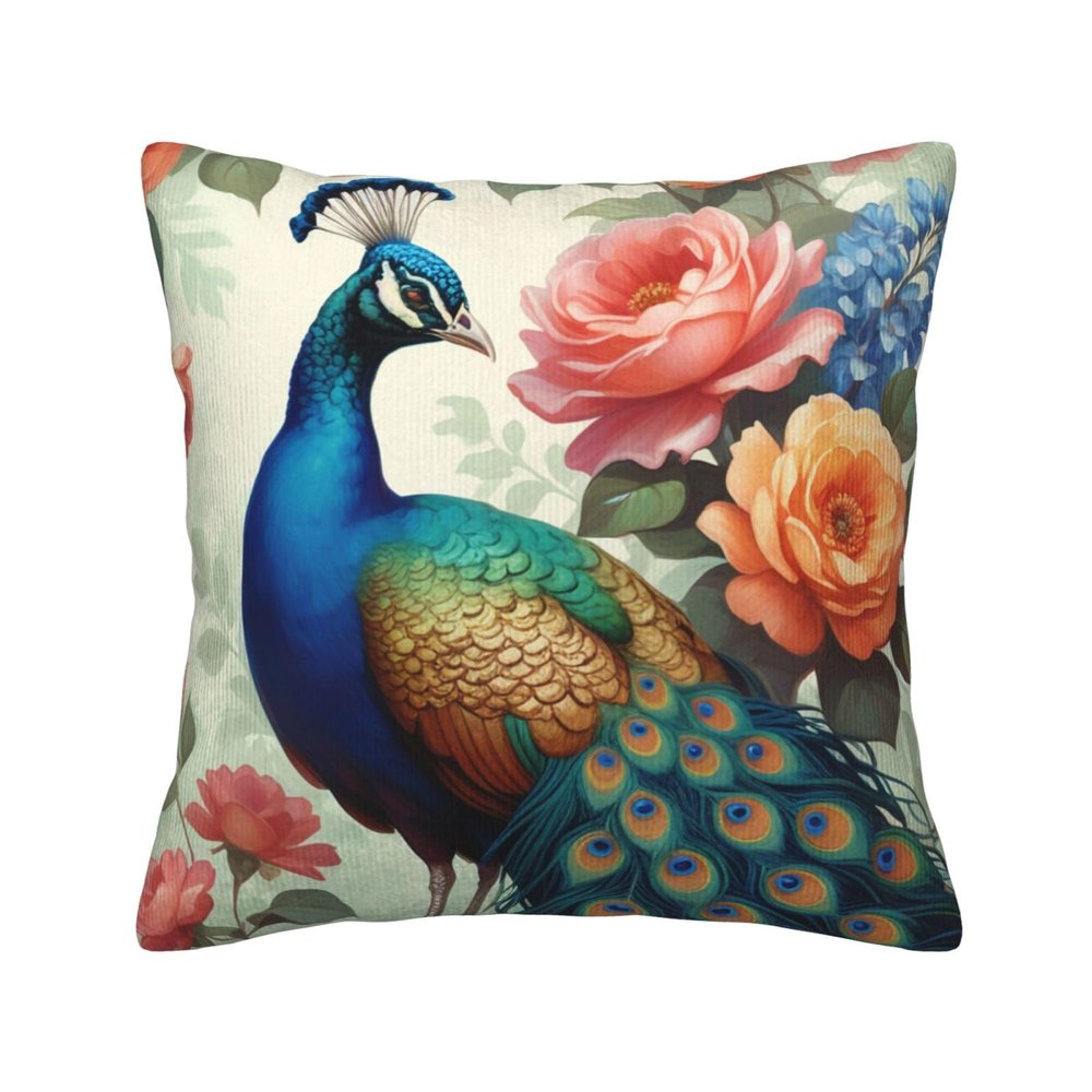 KLAMN Square Peacock-Pattern Throw Pillow Cover with Optional Insert