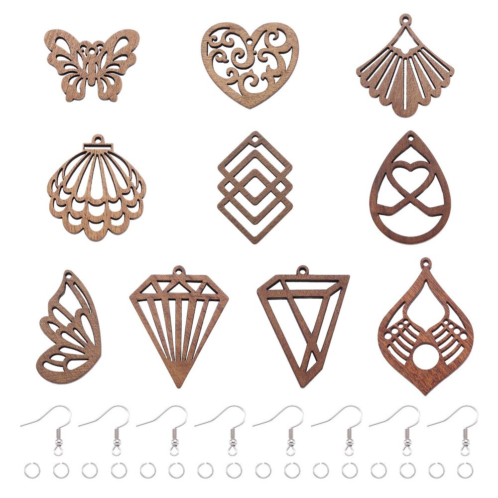 PandaHall Walnut Wood Earring-Making Set, 20 Pendants