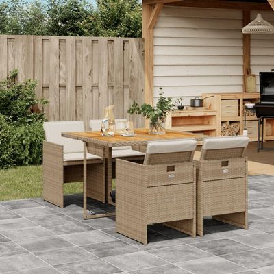 LAPOOH 5-Piece Beige Poly Rattan Garden Dining Set with Cushions