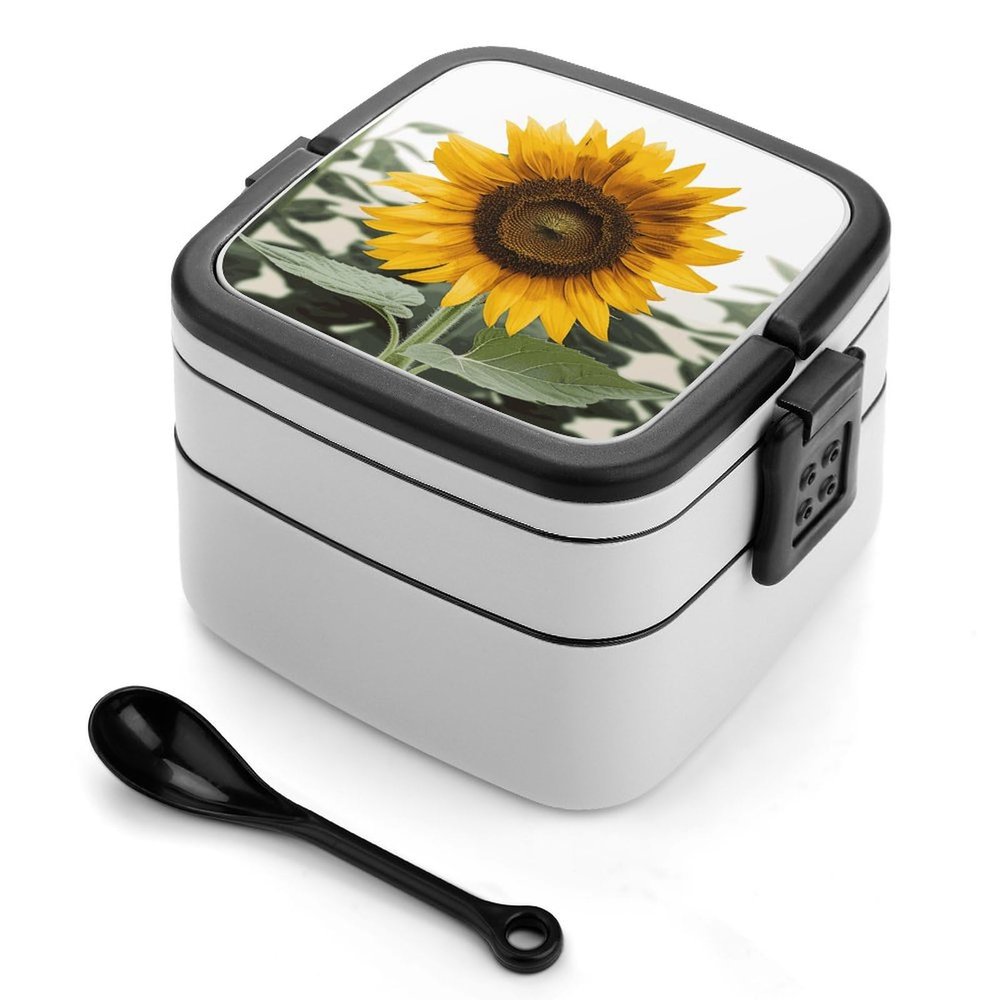 GFLFMXZW Bloom Sunflower Bento Box for Adults, 3-in-1 Stackable Lunch Box with Spoon and Handle