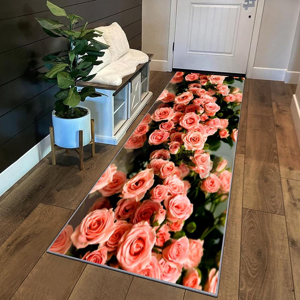 Siunwdiy 3D Carpet Runner for Hallway or Kitchen, Non-Slip, Washable, Floral Pattern, 40 x 340 cm, Pink Rose