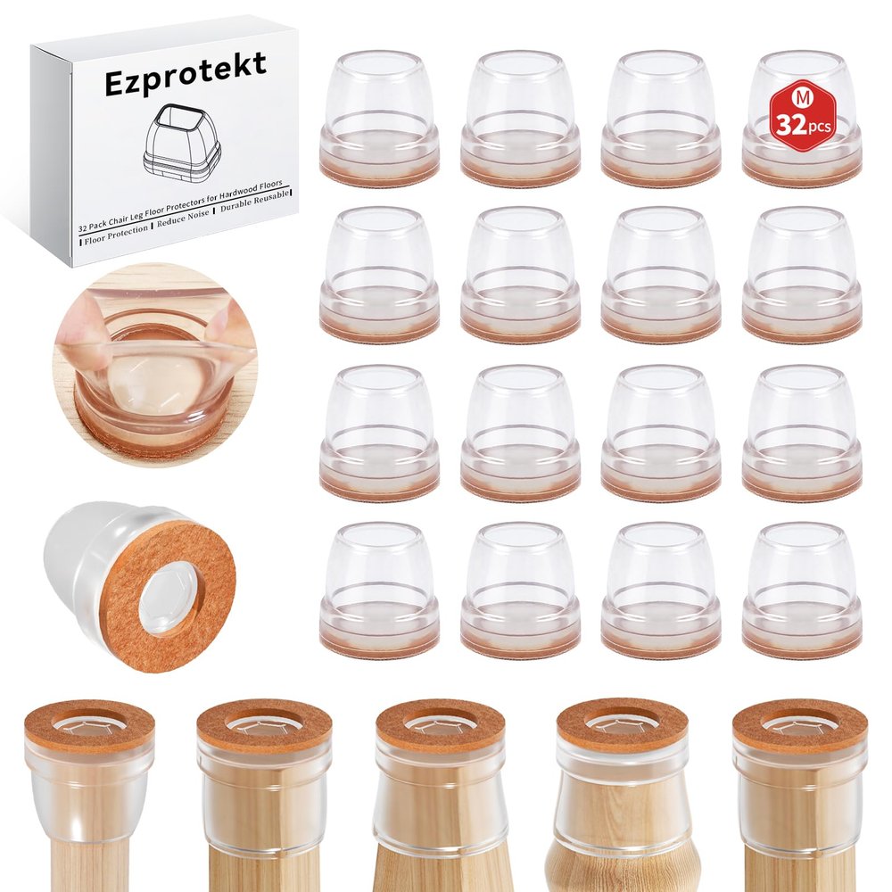 Ezprotekt 32-Piece Round Chair Leg Caps with Felt, Clear, 21–25 mm