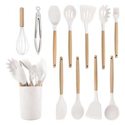 Kitchen Utensil Set with Silicone Heads and Wooden Handles