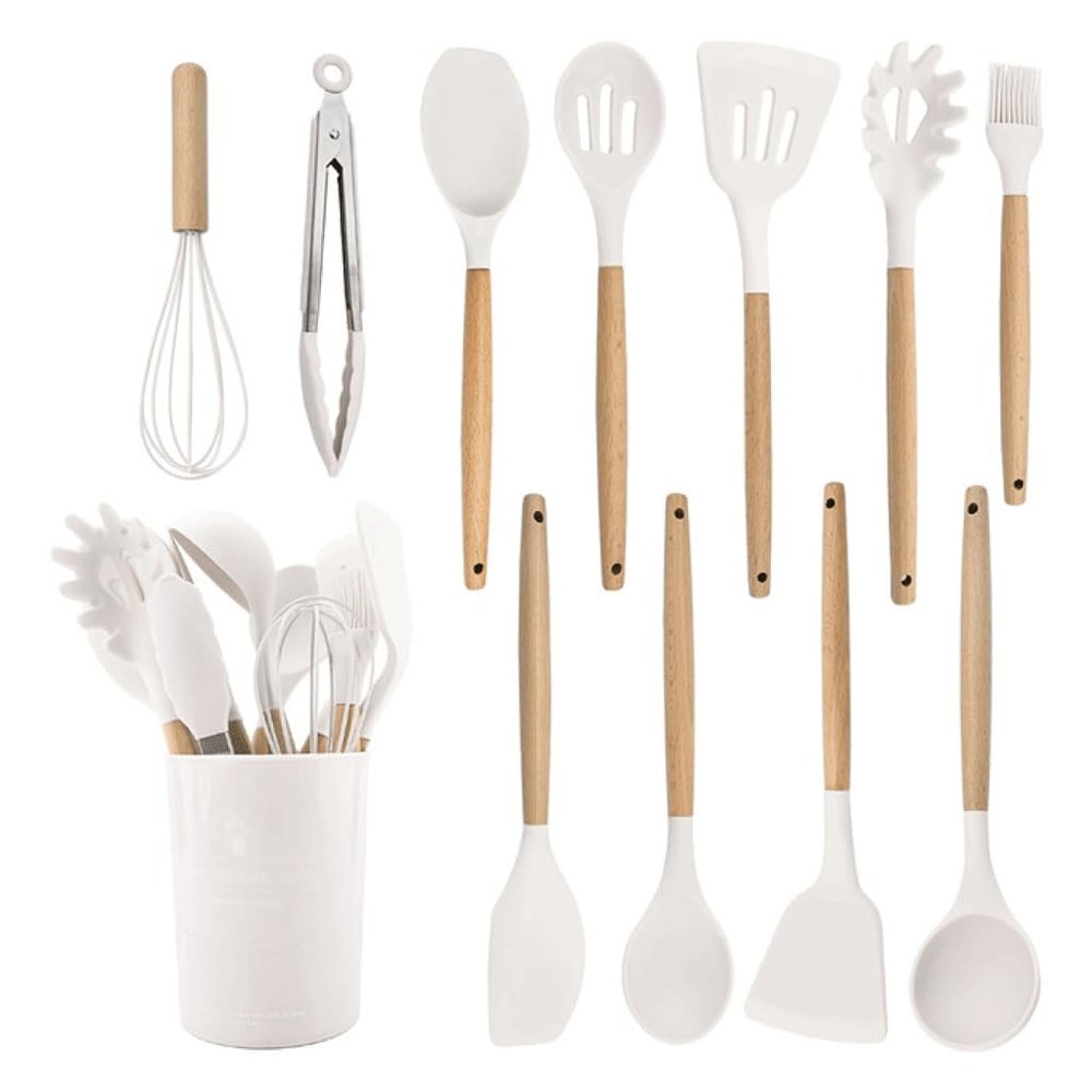 Kitchen Utensil Set with Silicone Heads and Wooden Handles
