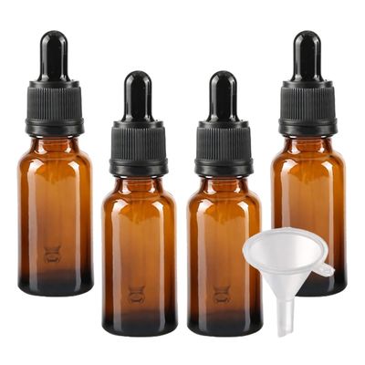 LusDoly 4-Pack 20 mL Amber Glass Dropper Bottles with Glass Pipettes and Tamper-Evident Screw Caps