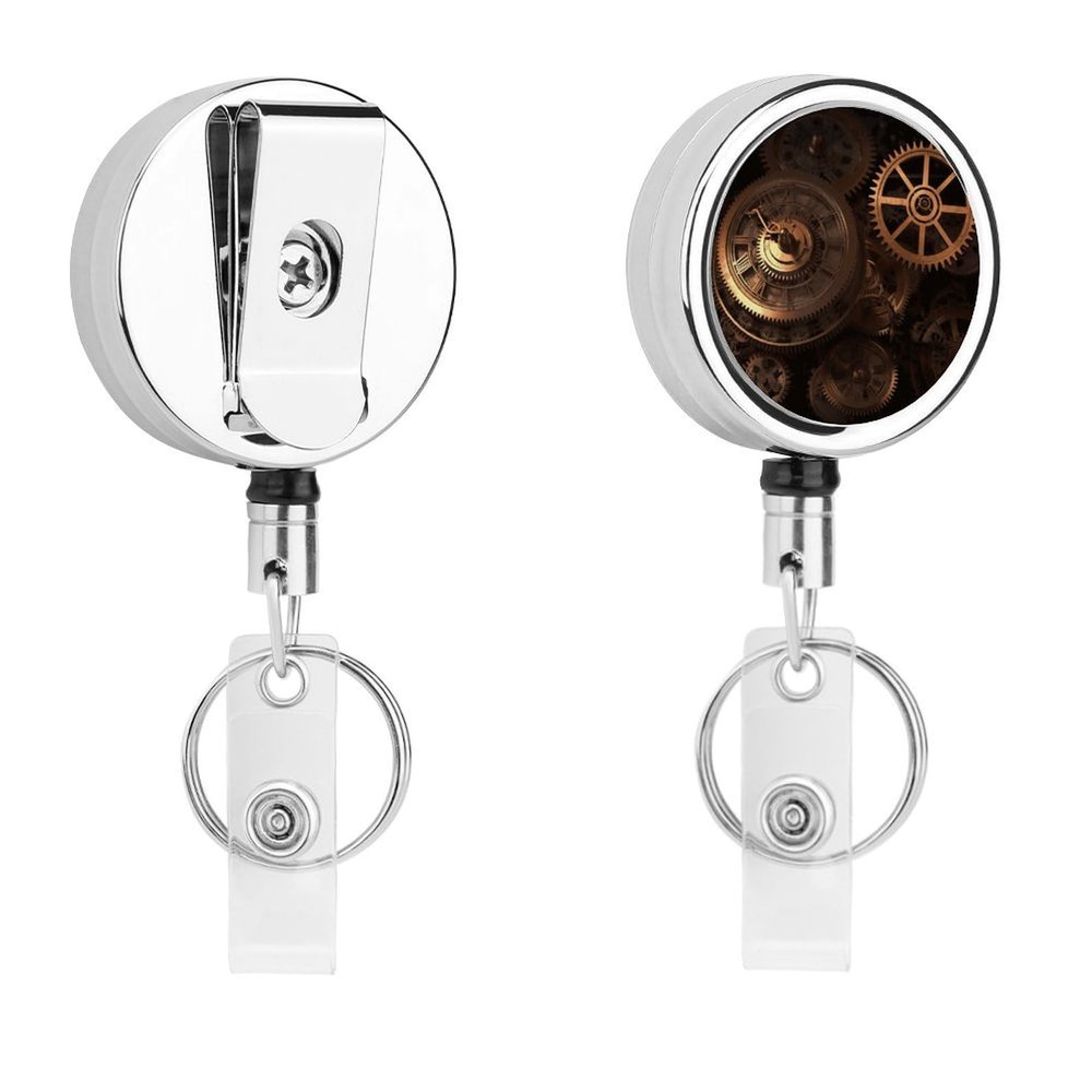 Bronze Century Gears Retractable Badge Reel with Belt Clip and Key Ring