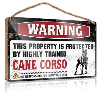 Funny Desk Sign: This Property Is Protected by a Highly Trained Cane Corso, Wooden Home Decor Sign, Craft Wood Sign (23 x 35 cm)