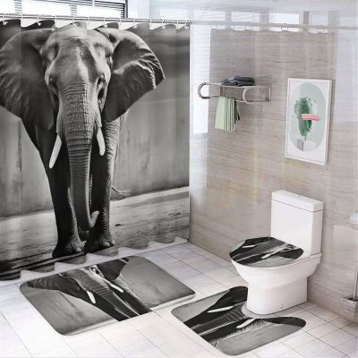 LMNGH Elephant Shower Curtain Set, 4-Piece, Black and White, 72 x 72 in