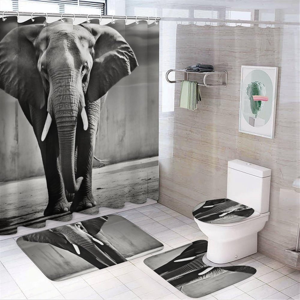 LMNGH Elephant Shower Curtain Set, 4-Piece, Black and White, 72 x 72 in