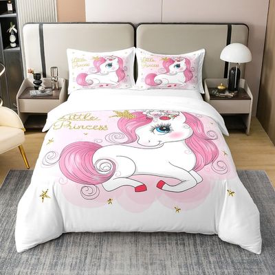 Loussiesd Unicorn Duvet Cover Set, Dreamy Horse Cartoon Design, 200 x 200 cm, 100% Cotton, Pink Princess Style, 3-Piece