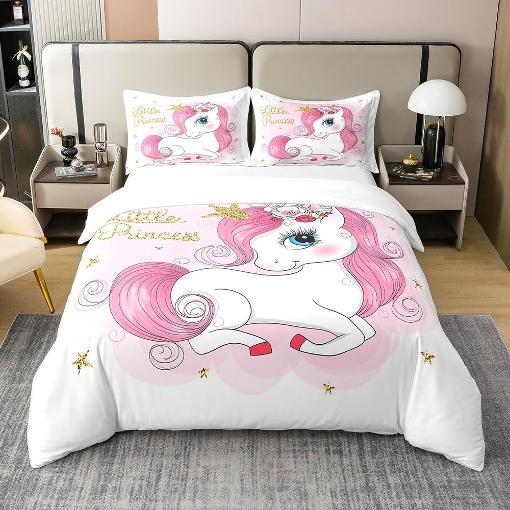 Loussiesd Unicorn Duvet Cover Set, Dreamy Horse Cartoon Design, 200 x 200 cm, 100% Cotton, Pink Princess Style, 3-Piece