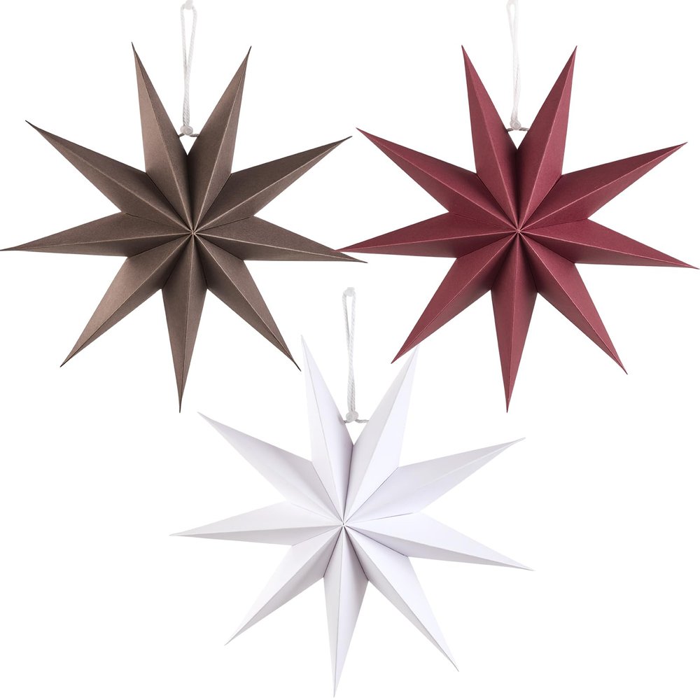 EASY JOY 3-Piece Set of 30 cm Nine-Point Paper Christmas Stars in White, Brown and Red