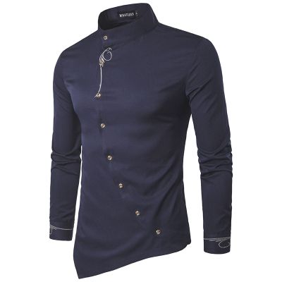 Rrongwn Men's Long-Sleeve Shirt with Angled Button Placket, Lace-Up Detail, Embroidery, Stand Collar, and Asymmetrical Hem