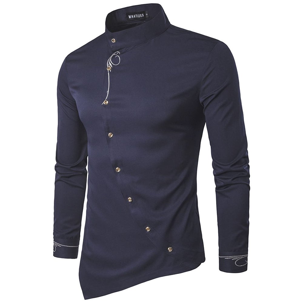 Rrongwn Men's Long-Sleeve Shirt with Angled Button Placket, Lace-Up Detail, Embroidery, Stand Collar, and Asymmetrical Hem