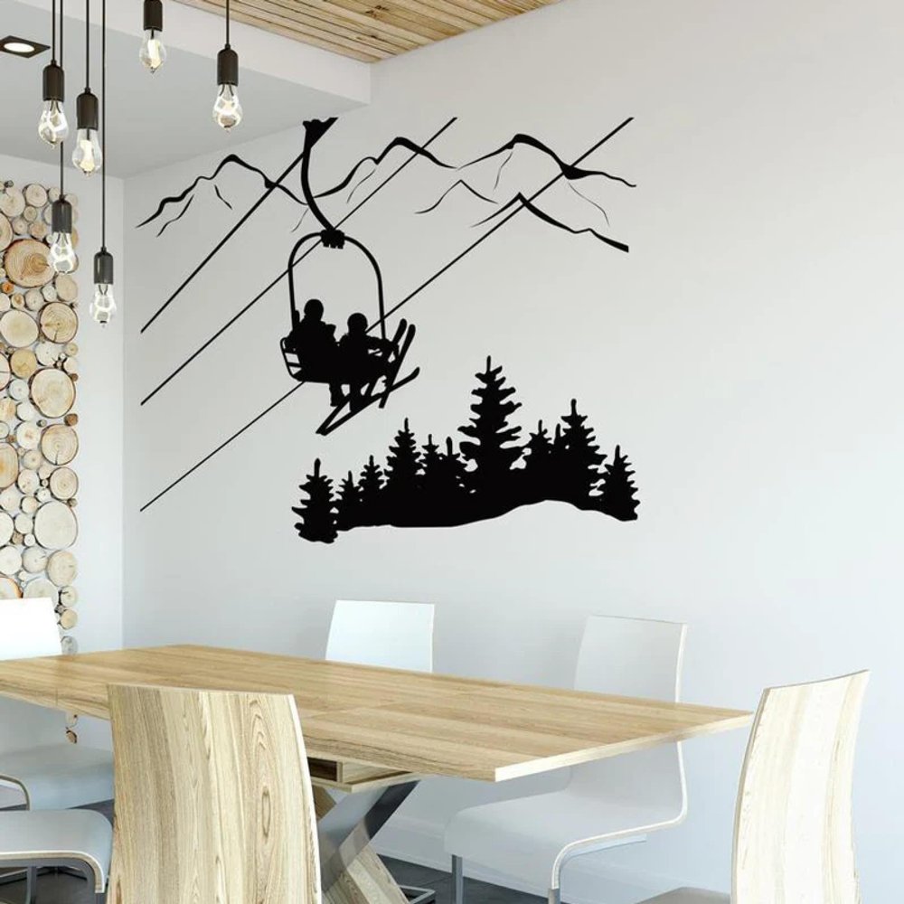 YYZOVBNN Skier Ski Lift Chair Mountain Pine Wall Decal, Winter Sports Vinyl Decor, 42 x 35 cm