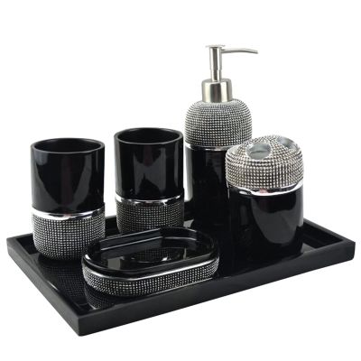 6-Piece Bathroom Countertop Accessory Set with Black and Silver Beads