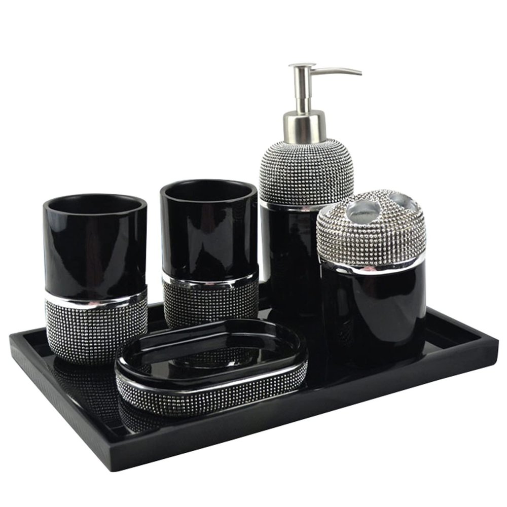 6-Piece Bathroom Countertop Accessory Set with Black and Silver Beads