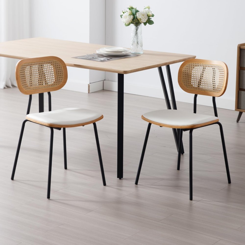 chairus Set of 2 Modern Kitchen Chairs, Rattan Backrest, PU Leather/White