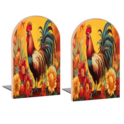 Bookends with Rooster Flowers, Decorative Wooden Bookends for Shelves and Desks, 2-Pack
