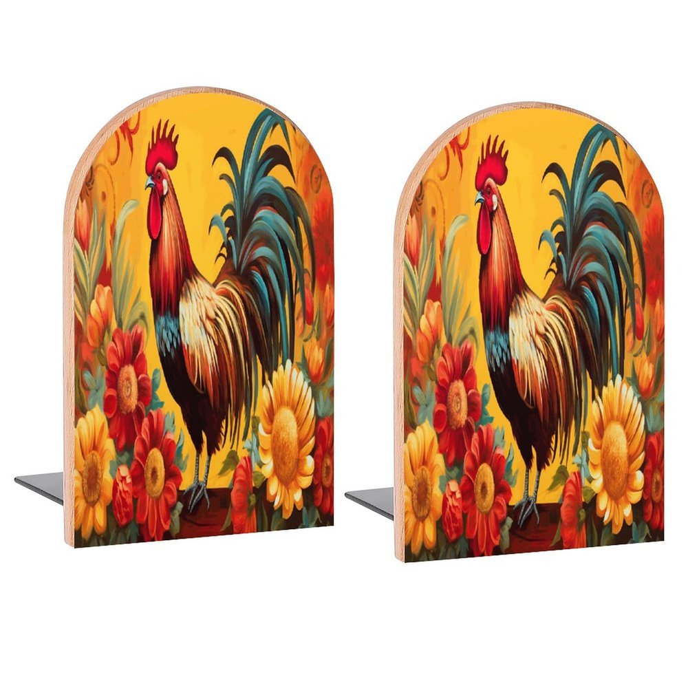 Bookends with Rooster Flowers, Decorative Wooden Bookends for Shelves and Desks, 2-Pack