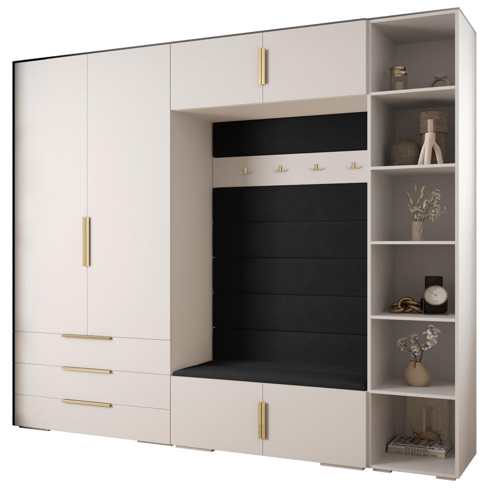 MEBLE KRYSPOL Inova 1 Wardrobe Set, White, Manila 18 Panels, Gold Handles, 236.7 x 240 x 47 cm