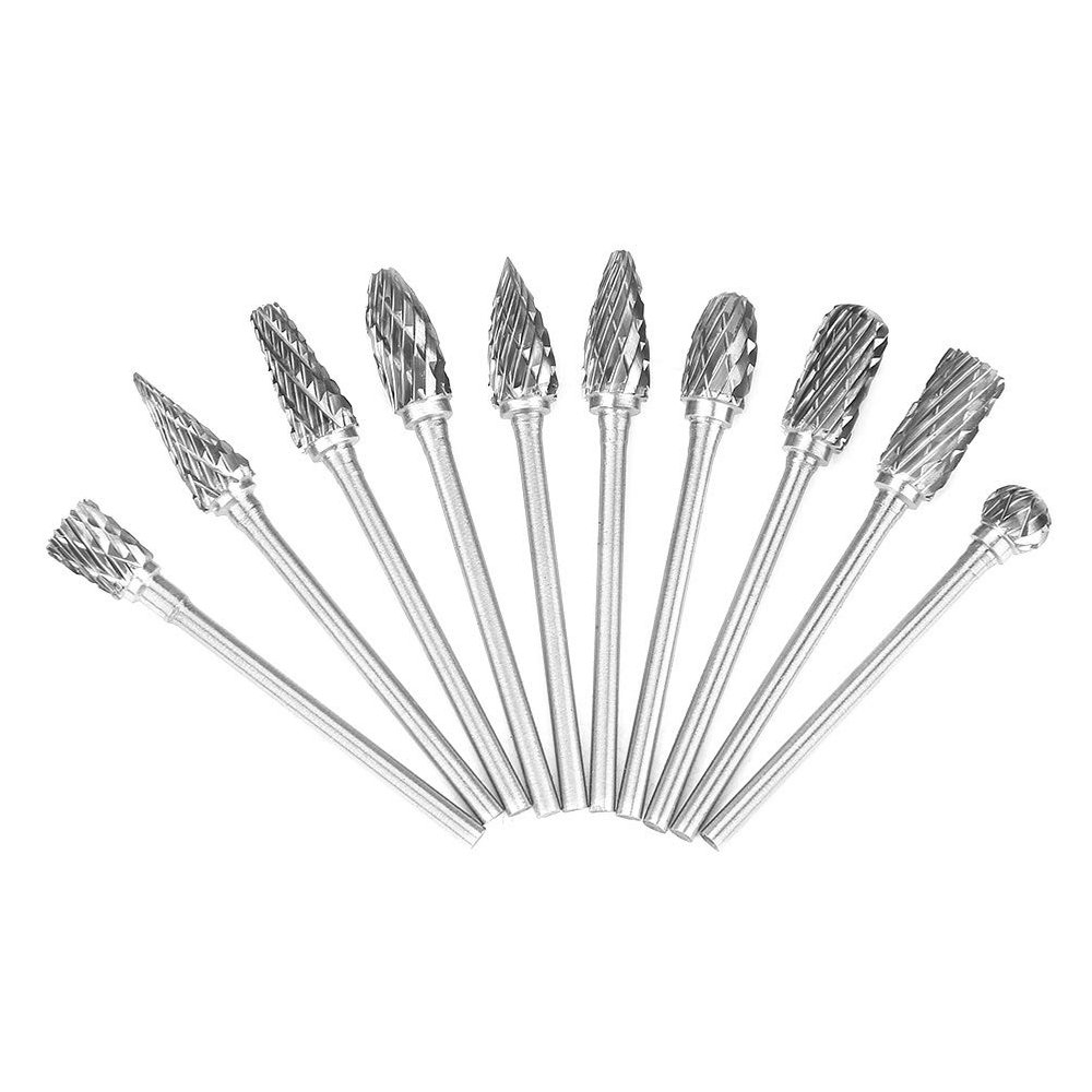 10-Piece Tungsten Carbide Burr Set, Double-Cut, 3 mm Shank