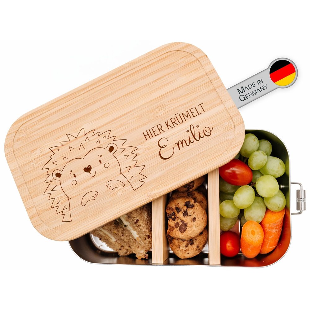 wunderwunsch Personalized Lunch Box with Name, Stainless Steel, Hedgehog