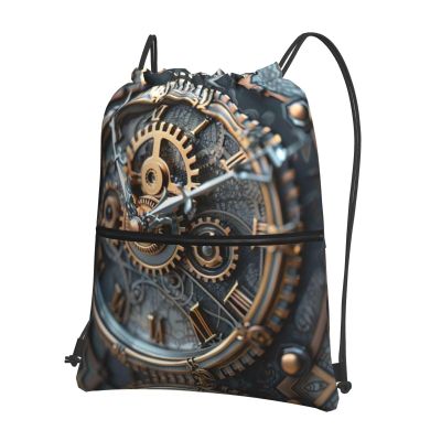 EdWal Drawstring Backpack with Clock Gear Print, Zipper Pocket, Black, One Size